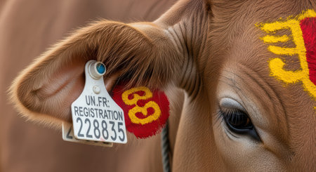 Close-up of brown cow with ear tag and decorative paintingの素材