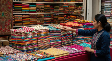 Hispanic female adult browsing colorful fabrics at a vibrant textile market stallの素材