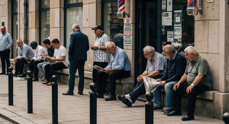 Mature caucasian males socializing outside barbershop in urban settingの素材