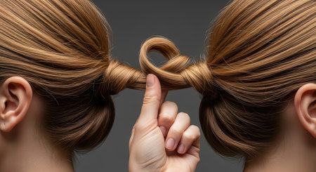 Creative twisted hairstyle with knot held by handの素材