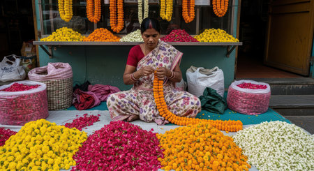 Asian female vendor arranging colorful marigold flowers at market stallの素材