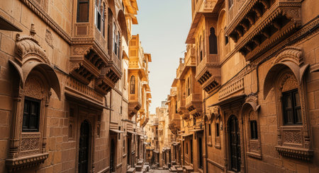 Historic architectural beauty of narrow stone alley in indian cityの素材