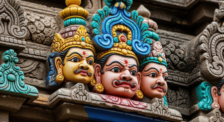 Intricate stone carvings of colorful deities on ancient temple facadeの素材
