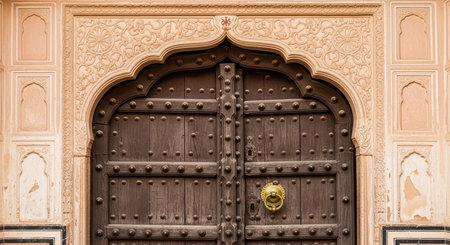 Ornate wooden door with brass knocker in traditional architectural settingの素材