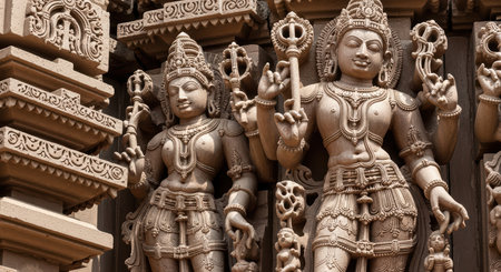 Intricate stone carvings of hindu deities on ancient temple wallの素材