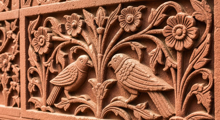 Stone carved birds and floral patterns on ornate wallの素材