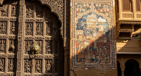 Intricate carved stone doorway and ancient wall art in sunlit indian architectureの素材