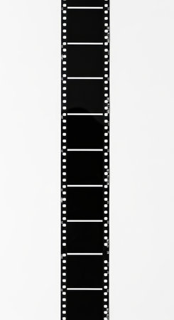 Black and white blank filmstrip on white background exhibiting perforated edges and even framesの素材