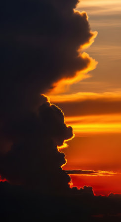 Dramatic sunset with majestic dark clouds and vibrant orange skyの素材