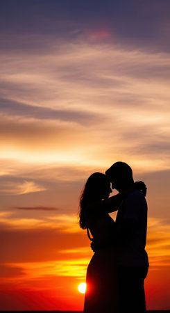 Silhouetted couple embracing at sunset on beach with dramatic skyの素材