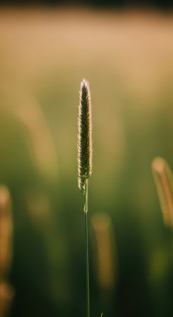 Close-up of single green grass plant in field at sunriseの素材