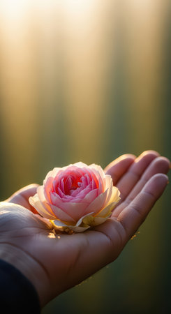 Delicate pink camellia on outstretched hand in sunlightの素材