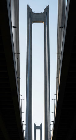 Majestic suspension bridge under clear sky framed symmetrically by structuresの素材