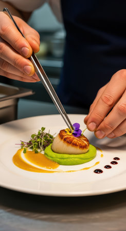 Chef garnishing scallop dish with edible flower in gourmet restaurant settingの素材