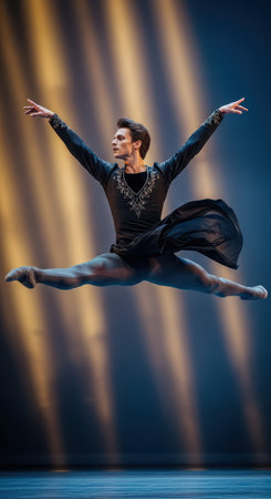 Young caucasian male ballet dancer leaping gracefully on stage in dramatic lightingの素材