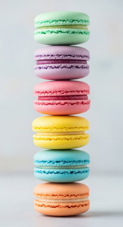 Colorful stack of macarons in pastel shades with five delicious flavorsの素材