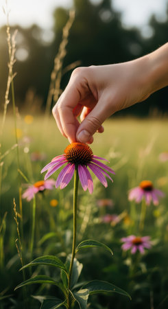 Young hand touching pink coneflower in sunlit meadowの素材