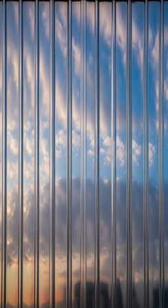 Abstract reflection of sky on vertical glass windows at sunsetの素材