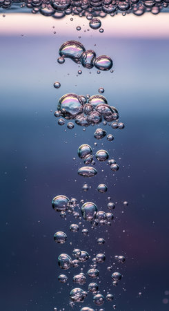 Cluster of air bubbles floating in clear water with light reflectionsの素材