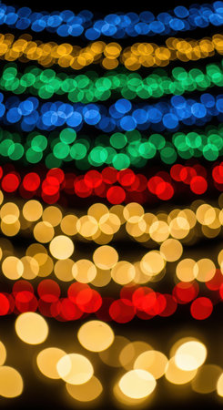 Vibrant multicolor bokeh lights in abstract pattern at nightの素材