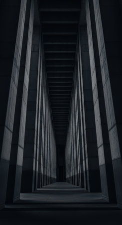 Dimly lit symmetrical stone corridor with receding perspectiveの素材