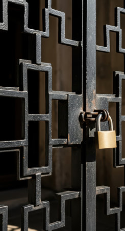 Black iron gate with geometric pattern and padlock in sunlightの素材