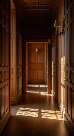 Sunlit wooden hallway with intricate paneling and wall sconcesの素材