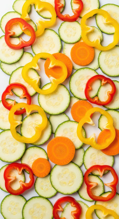 Assorted sliced vegetables including peppers, zucchini, and carrotsの素材