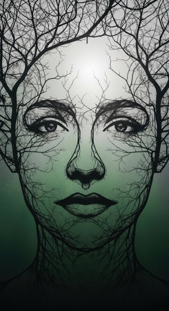 Surreal female portrait with tree branches and green backgroundの素材