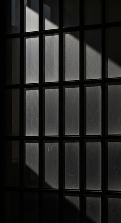 Sunlight casting shadows on dusty glass window panes in grayscaleの素材