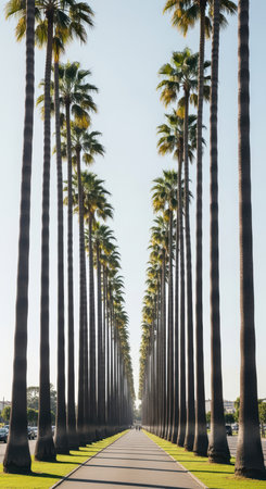 Symmetrical palm tree avenue lined with tall palms on sunny dayの素材