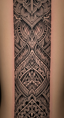 Intricate geometric blackwork tattoo design with symmetrical patternsの素材