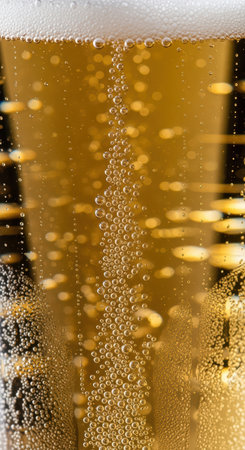 Close-up of beer glass with bubbles and foamの素材