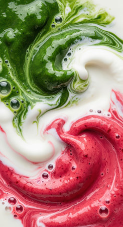 Vibrant green and red swirls in creamy yogurt artの素材