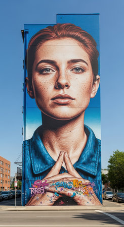 Large mural of caucasian female on urban building under clear blue skyの素材