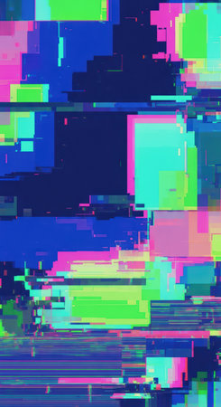 Abstract digital glitch art with vibrant neon colors and pixelated patternsの素材