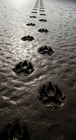 Dog paw prints in wet sand at sunset beachの素材