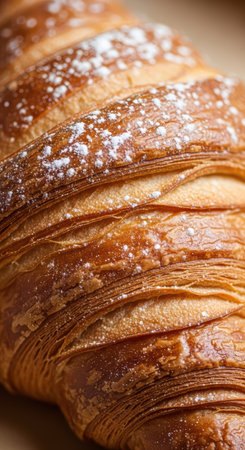 Close-up of flaky golden croissant with powdered sugarの素材
