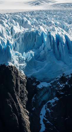 Majestic arctic glacier landscape with deep crevasses and rocky terrainの素材