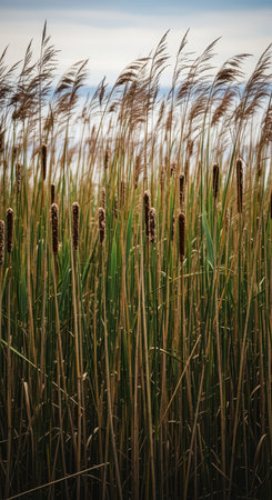 Tall reeds swaying in breeze against tranquil skyの素材