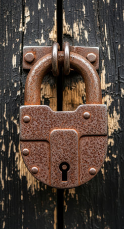 Rusty padlock on worn wooden surface highlighting weathered securityの素材
