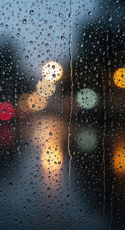 Raindrops on glass with blurred city lights at nightの素材