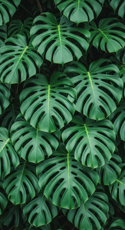 Lush green monstera leaves pattern nature backgroundの素材