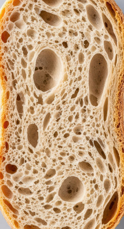 Close-up of golden brown artisan bread slice showing airy texture and crustの素材