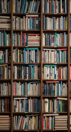Tall bookshelves filled with diverse books in a cozy library settingの素材