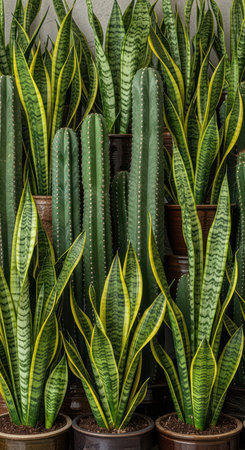 Vibrant snake plant display with lush green foliage in terracotta potsの素材