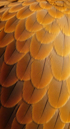 Close-up of intricate feather pattern in warm orange shadesの素材