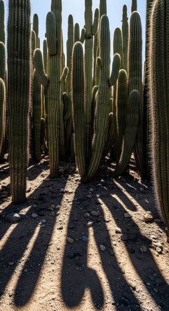 Majestic desert cacti casting long shadows on rocky groundの素材