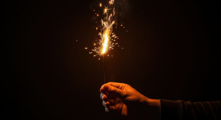 Hand holding a sparkler against a dark backgroundの素材