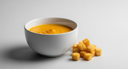 White bowl with creamy pumpkin soup and crispy croutons on white backgroundの素材